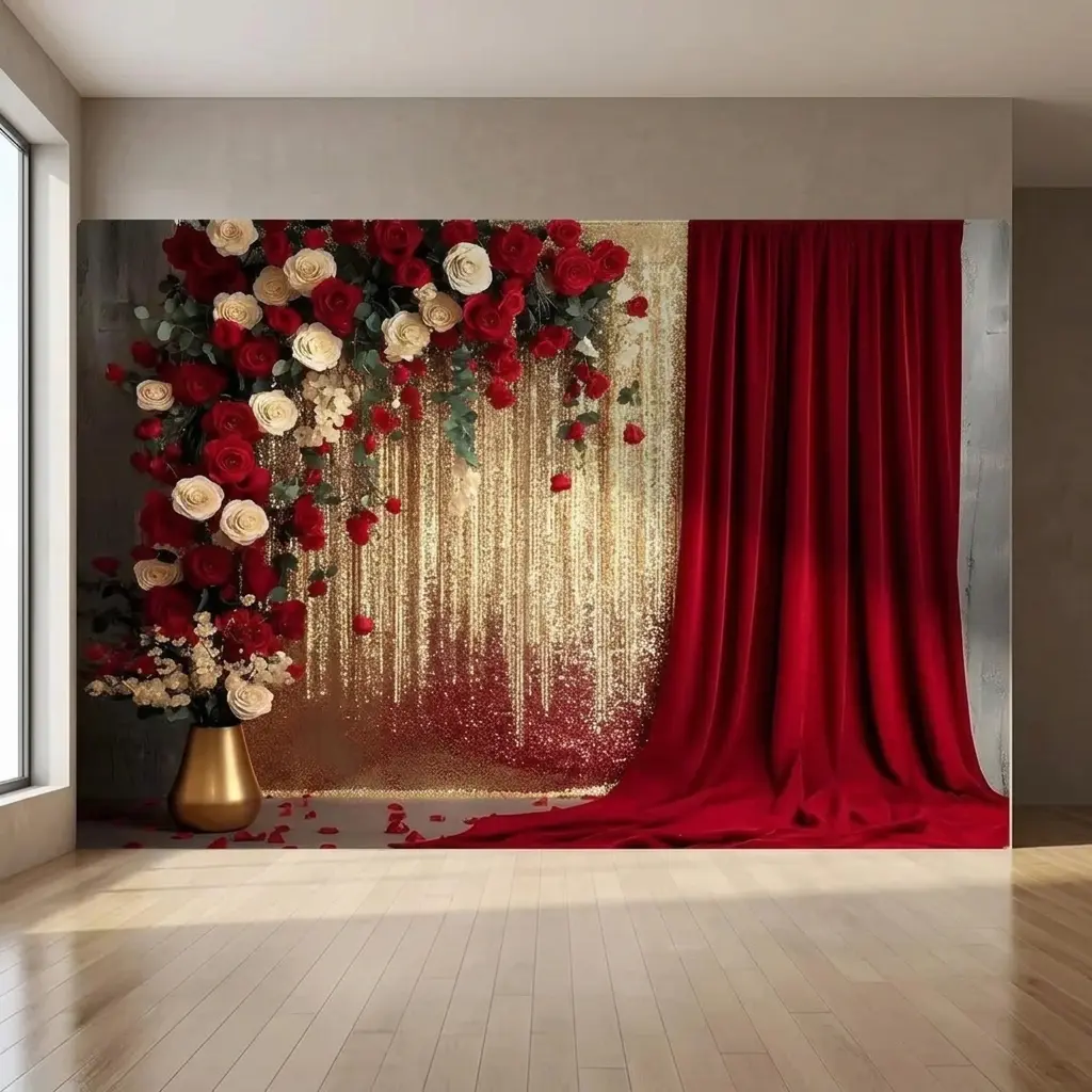 Red Rose Backdrop Banner for Valentine's Day Wedding Engagement and Prom Photos - Fabric Photo Booth Background with Floral Arch and Velvet Drapes, High-Definition Printable Tapestry