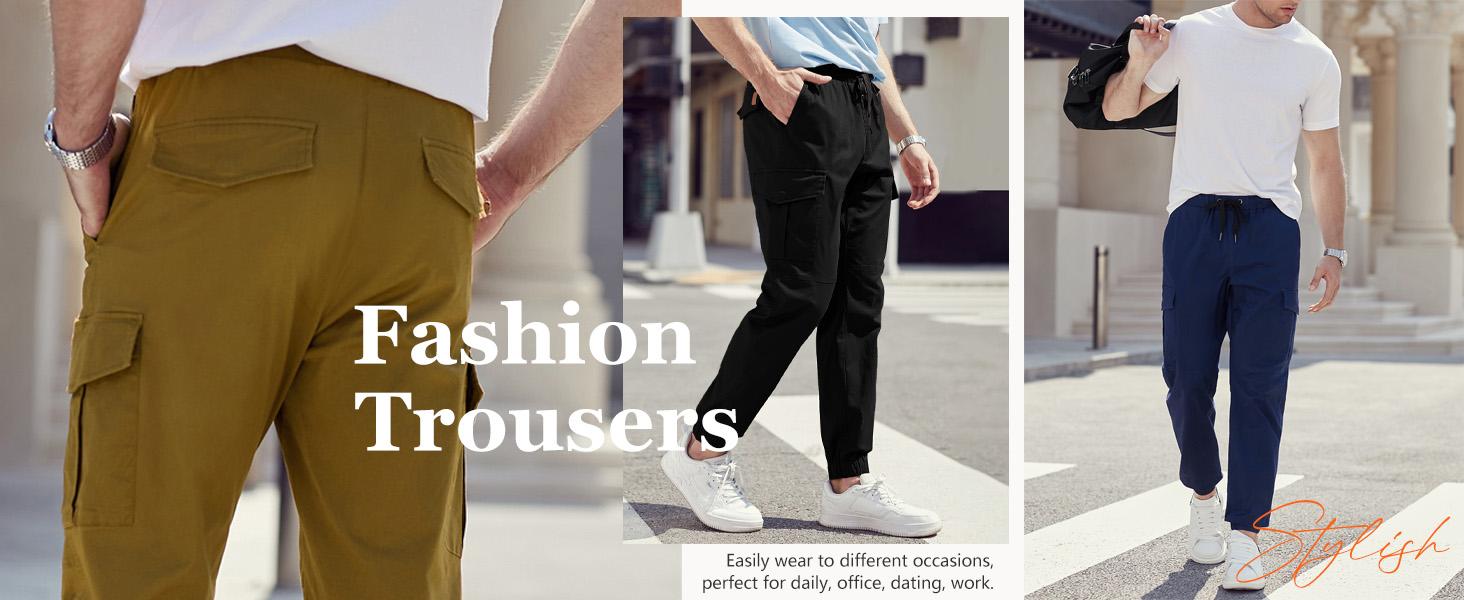 TUREFACE Men's Flex Stretch Cotton Cargo Pants Slim Fit Beige Multi-pocket Lightweight Comfortable Long Pants with Elastic Drawstring Waistband