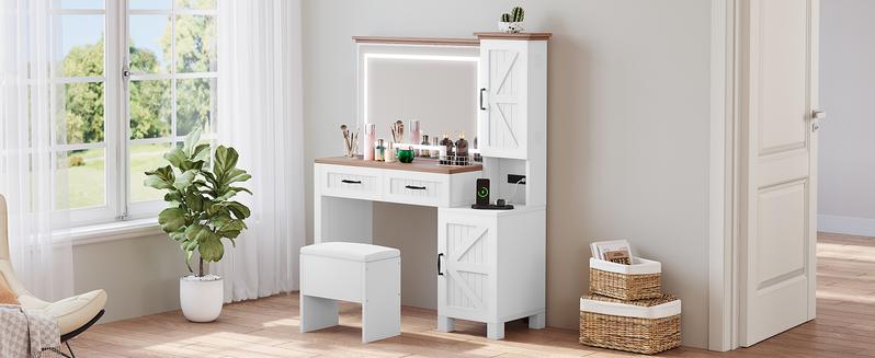 Yitahome Farmhouse Vanity, Makeup Desk with Adjustable Lighted Mirror, Charging Station, Drawers, Cabinets, and Adjustable Shelves, Modern Vanity Desk with Stool Yitahome Farmhouse Vanity, Makeup Desk with Adjustable Lighted Mirror, Charging Station, Drawers, Cabinets, and Adjustable Shelves, Modern Vanity Desk with Stool