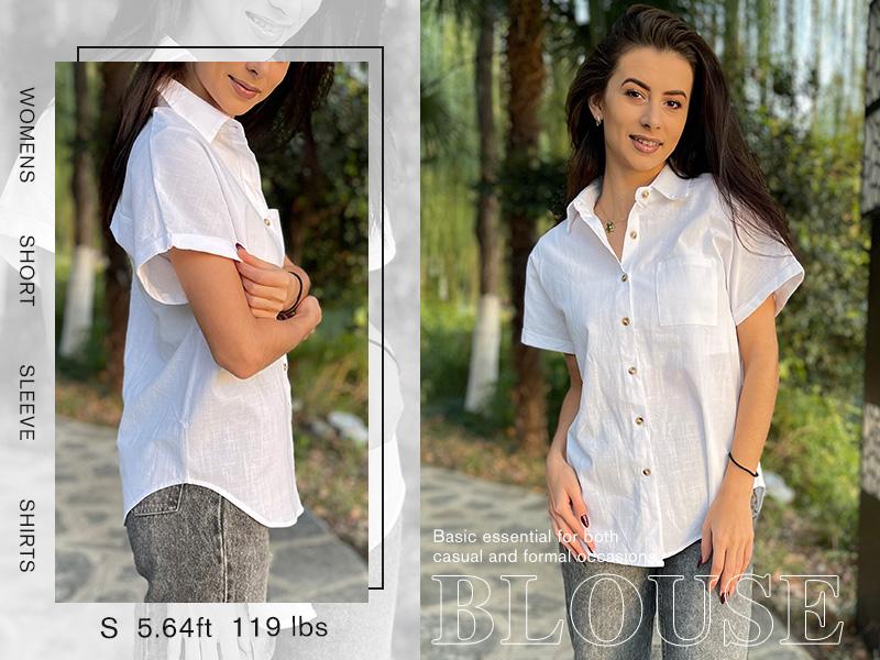 Linen Cotton Womens Short Sleeve Shirts V Neck Collared Button Down Blouse Tops Cotton Womens Short Sleeve Shirts V Neck Collared Button Down Blouse Fashion New Style Gift