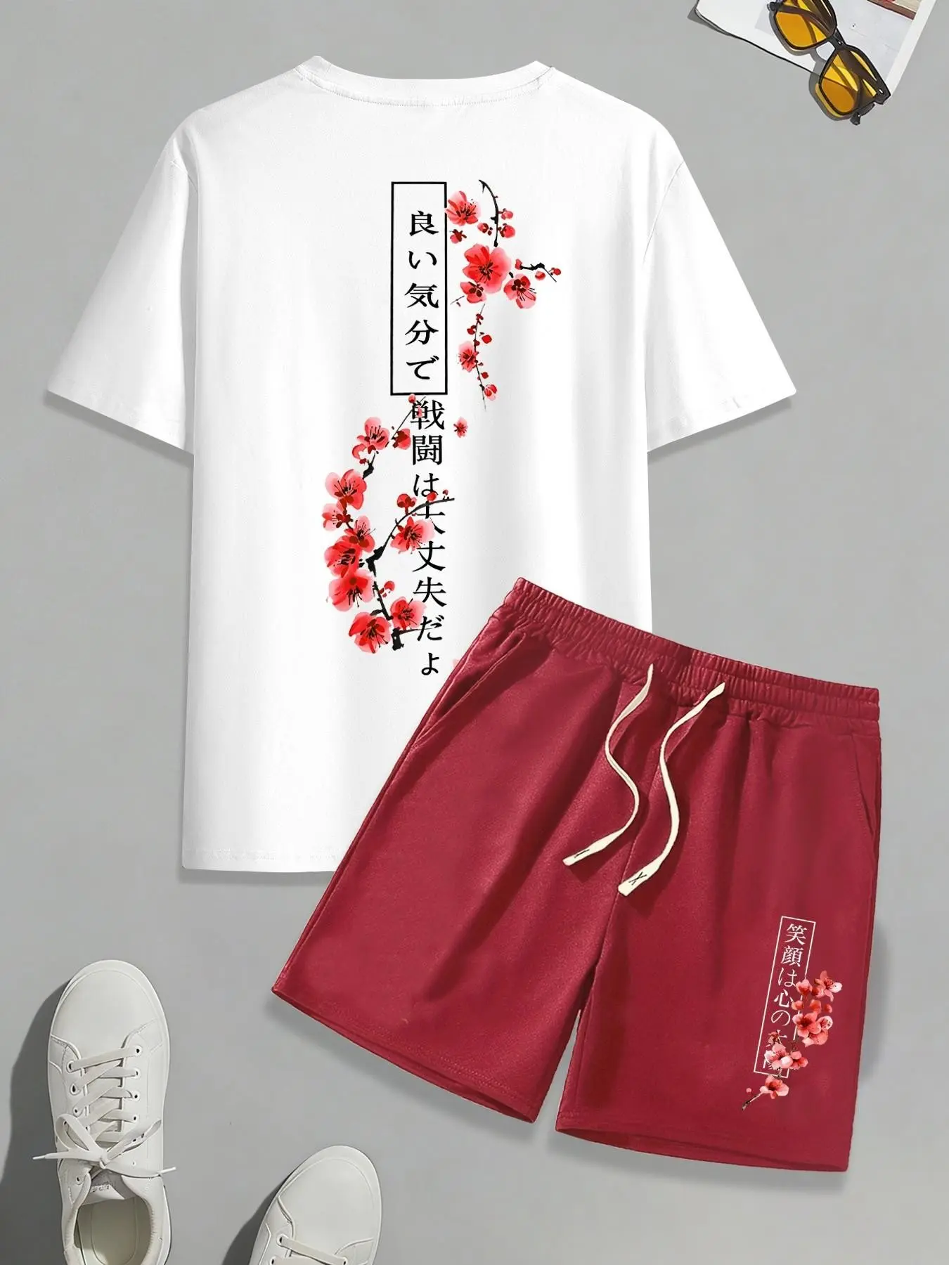 Men's 2-Piece Classic Fashion Set, Cherry Blossom Print Round Neck Short Sleeve T-Shirt and Waist Pocket Shorts, Casual All-Season