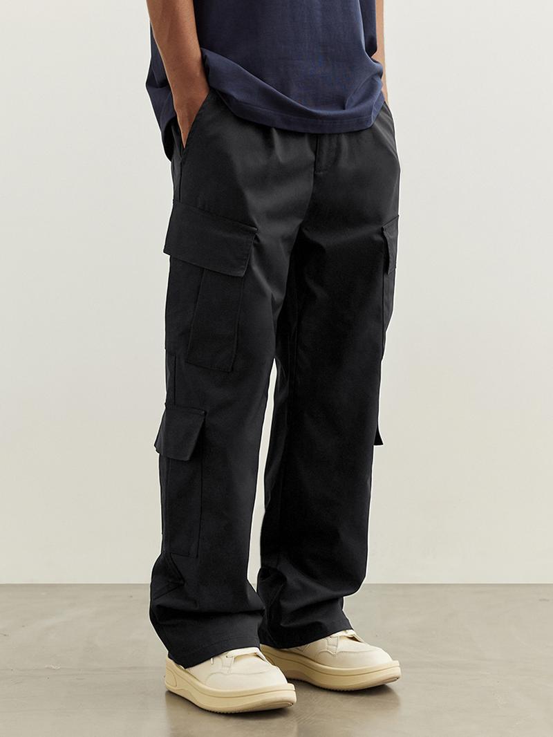 Men's Plain Drawstring Waist Cargo Pants, Loose Street Casual Flap Pocket Wide Leg Trousers, Summer Pants for Men, Men Bottoms for Spring & Fall