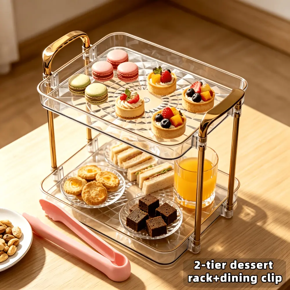 [PABHAN] 2/3-tier Christmas Cake Stands And Serving Tongs, A Transparent Dessert Display Stand with An Elegant Golden Frame, A Premium Cake Tower, And Stylish Dessert Displays. Perfect for Wedding Cake Decorations And Birthday Tea Party Dessert Stands.