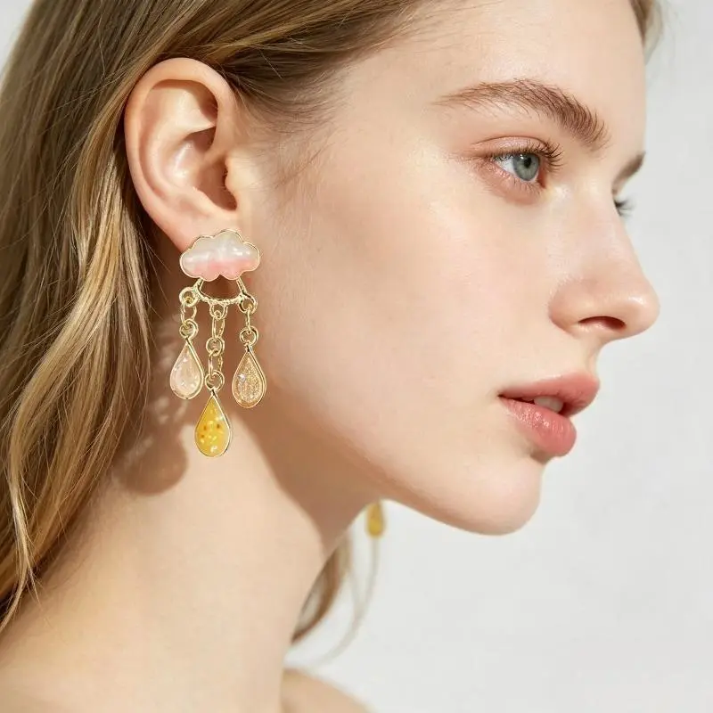 Women's Minimalist Cute Raincloud Motif Enamel Rhinestone Crystal Stud Pair Earrings, Spring-Summer Fashion Costume Jewelry Accessories, Daily Wear