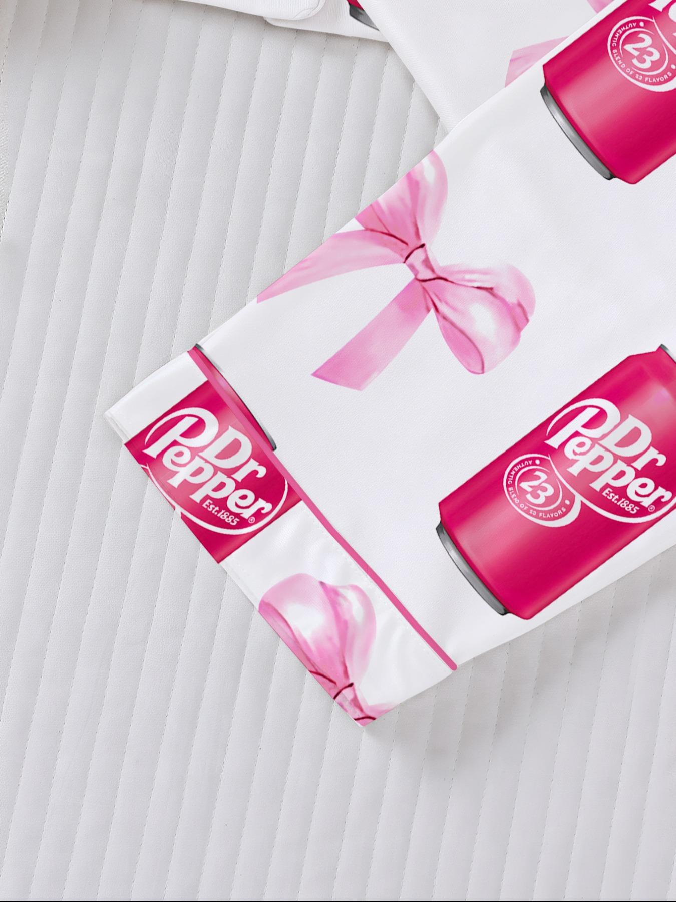 Dr Pepper Soda Bottle Bow Print Long Sleeve Pajama Set, Comfortable Fireproof Sleepwear, Loungewear, Fall Winter Home Wear, 2 Piece Set