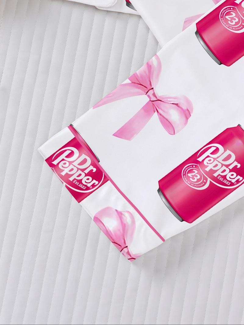 Dr Pepper Soda Bottle Bow Print Long Sleeve Pajama Set, Comfortable Fireproof Sleepwear, Loungewear, Fall Winter Home Wear, 2 Piece Set