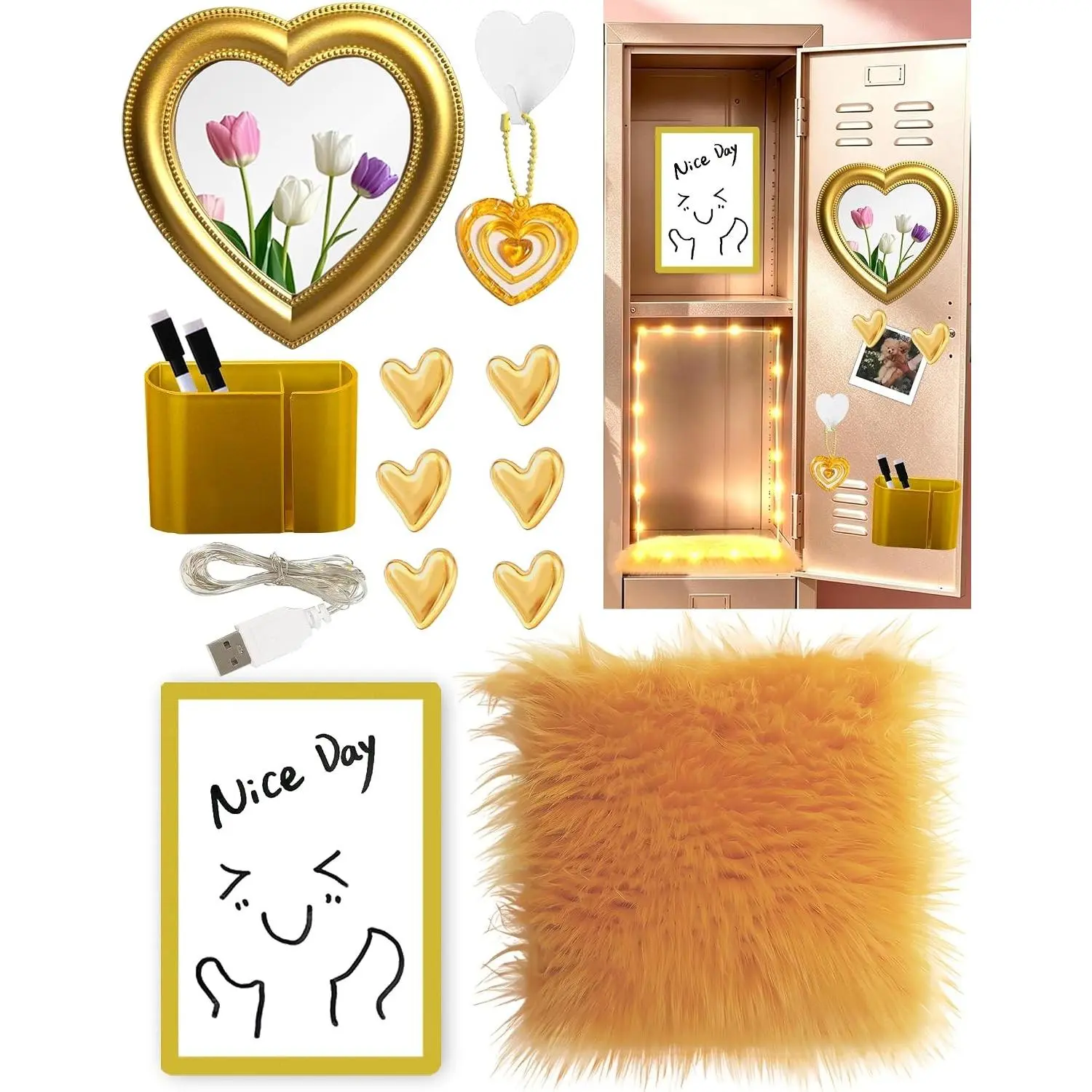 Gold Locker Accessories Kit for Girls with Heart Magnetic Locker Mirror Pen Holder Whiteboard Rug Magnets Hook Pendant String Lights, 15 PCS Back to School Locker Organizer & Decor for Home Work