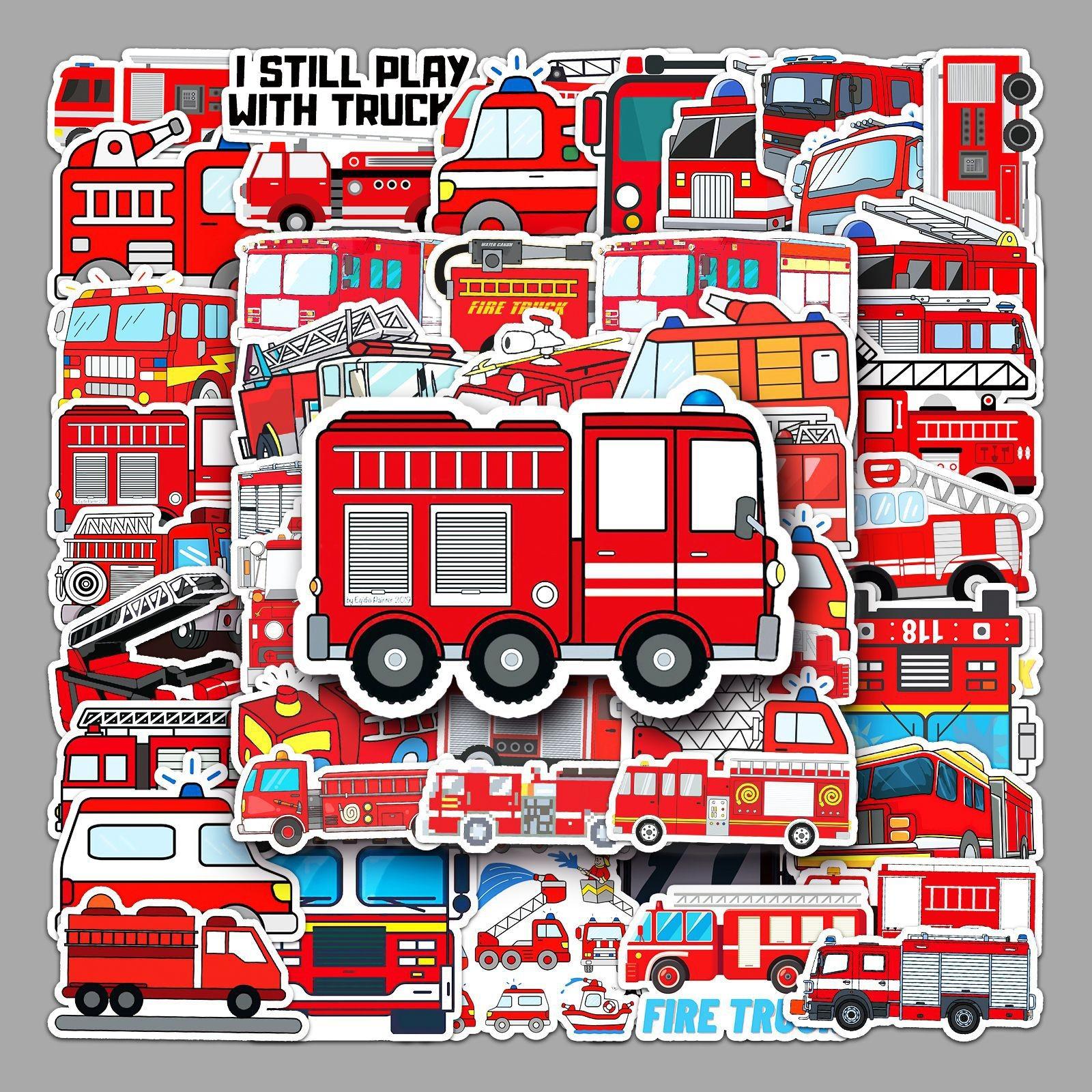 50 Fire Truck Graffiti Stickers, Cross-Border Cartoon Early Education Stickers, DIY Skateboard Luggage Stickers, Waterproof
