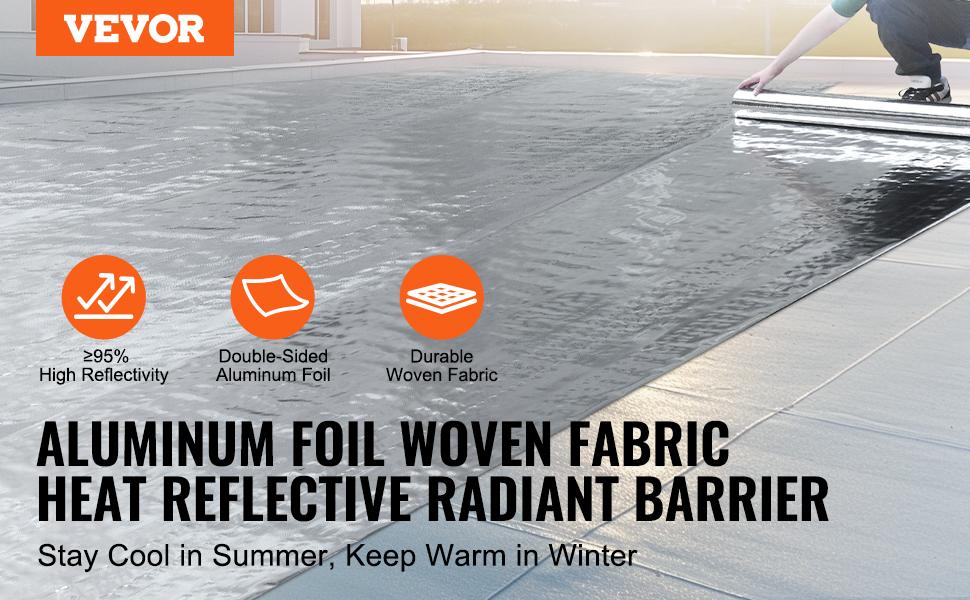 VEVOR Double Reflective Insulation Roll, Woven Fabric Radiant Barrier, 6.5 Mil 48 inx 250 ft, Aluminum Foil PE Woven Cloth Heat Reflective Shield, Thermal Insulation Roll for Window RV Roof
