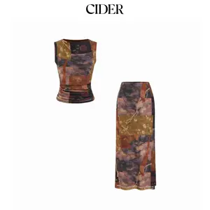Cider Mesh Polka Dot Ruched Top & Mid Rise Mermaid Maxi Skirt Set
