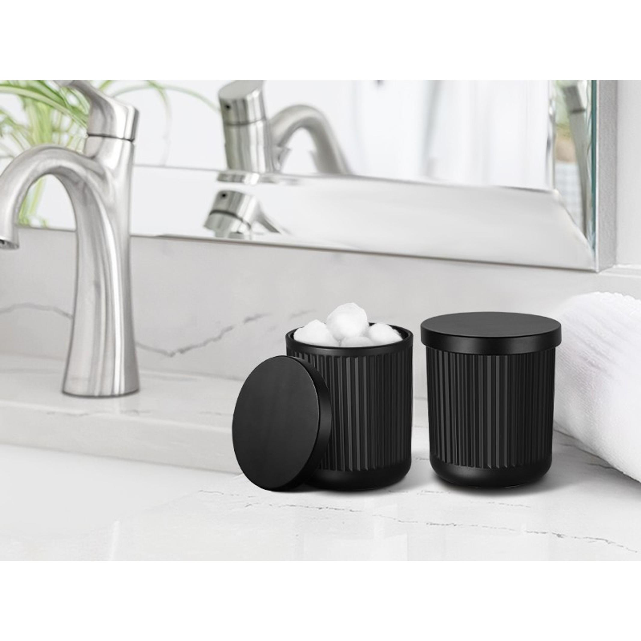 Matte Black 4-Pc Glass Bathroom Accessories Set - Stainless Steel Pump Soap Dispenser, Toothbrush Holder, Wipe-Clean Organiser, Qtip Holder for Modern Home Sink Decor
