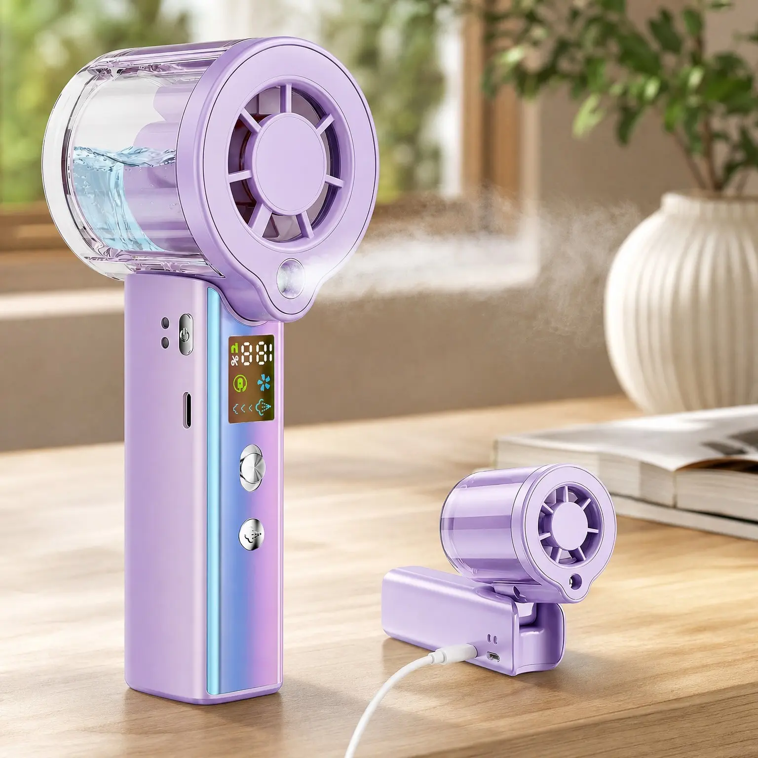 Portable Handheld Misting Fan with 30000 RPM High-Speed Turbo, Adjustable Speeds, Rechargeable Mini Cooling Fan with LED Display for Travel Outdoor Makeup, PurpleGift