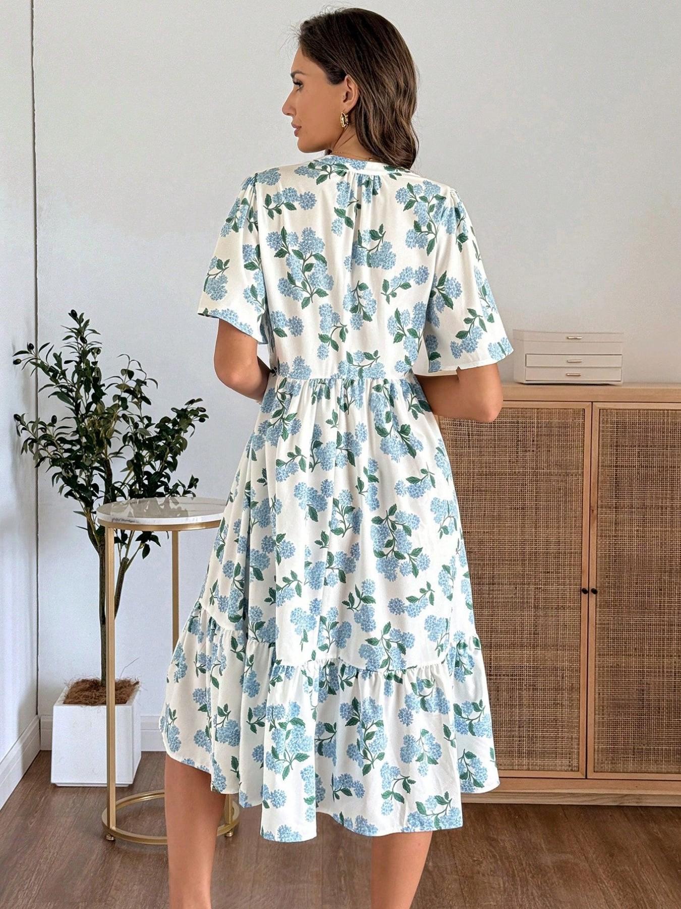 Women's Fashion Blue Floral V Neck Short Sleeve a Line Dress, Summer Loose Fit Slimming Medium Long Babydoll Style Vacation Dress, Womenswear