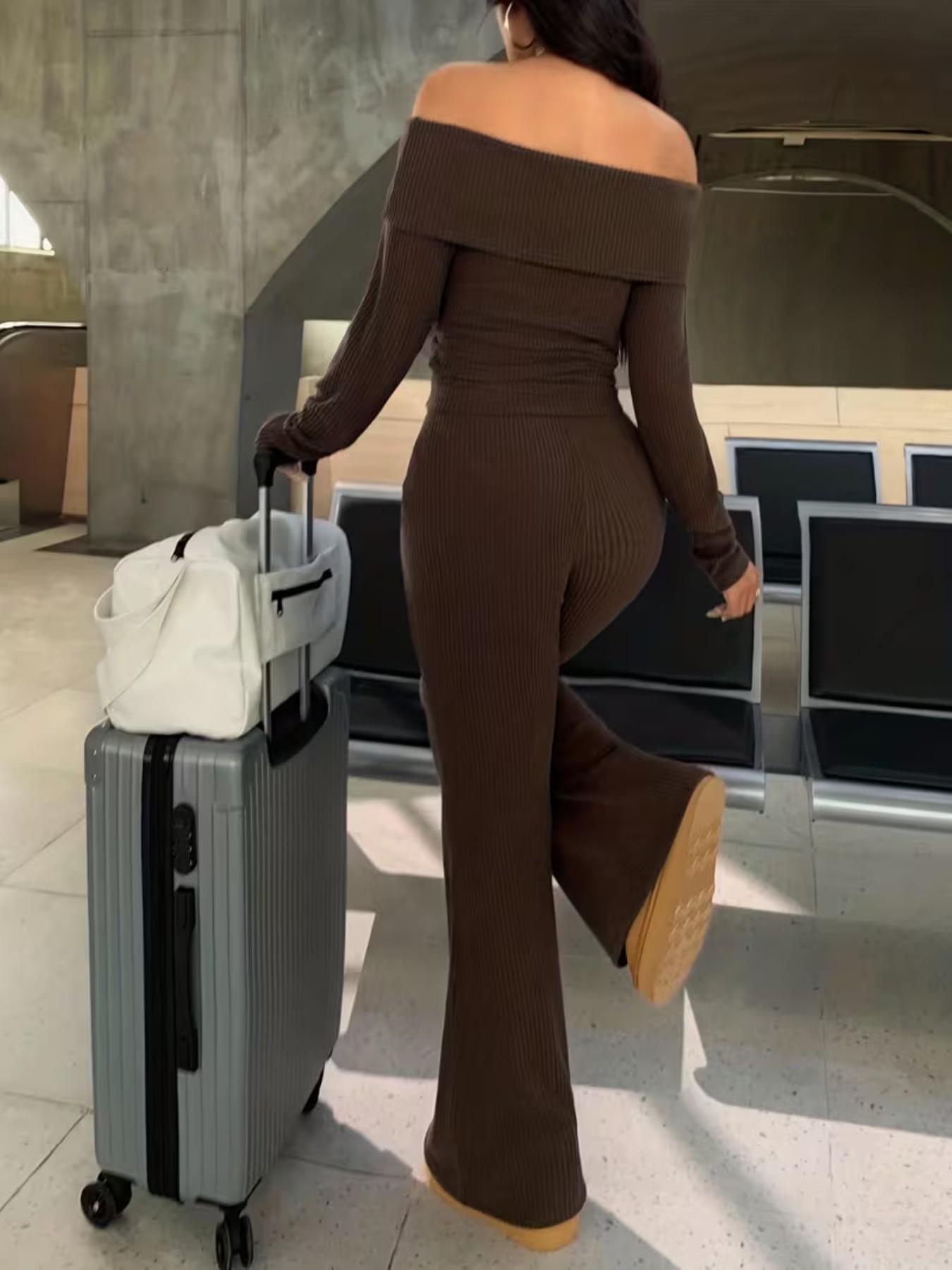 New European and American Style Fall Winter Solid Color Sexy Off-Shoulder Long Sleeve Top + Wide Leg Bell Bottom Pants Two-Piece Set