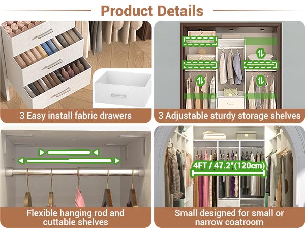 15-48 inch Walk-in Closet Organizer System With 3 Fabric Drawer ＆ 4 Hanging Rods,Sturdy Closet System with Adjustable Storage Shelves