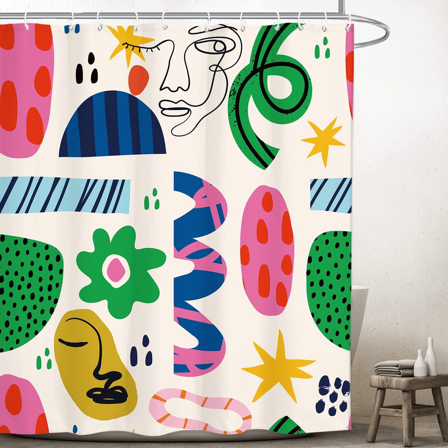 Abstract Face Line Art Shower Curtain, Colorful Pastel Modern Minimalist Aesthetic Contemporary Waterproof Bathroom Decor