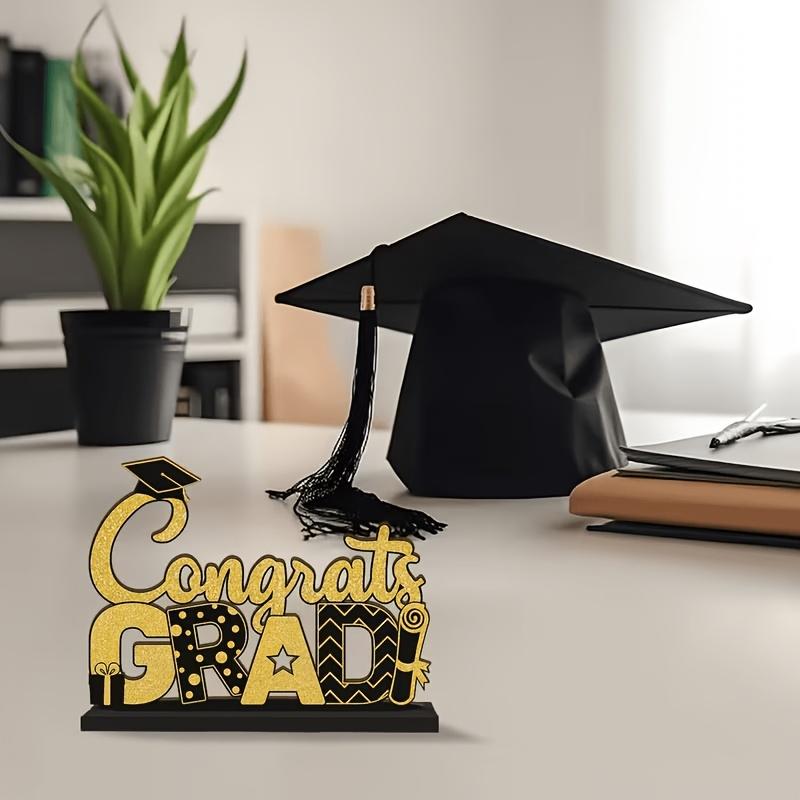 2D Graduation Table Sign, and, Wooden Base, Centerpiece Decor, Suitable for Desk Shelf, Fireplace Shelf, Party Supplies