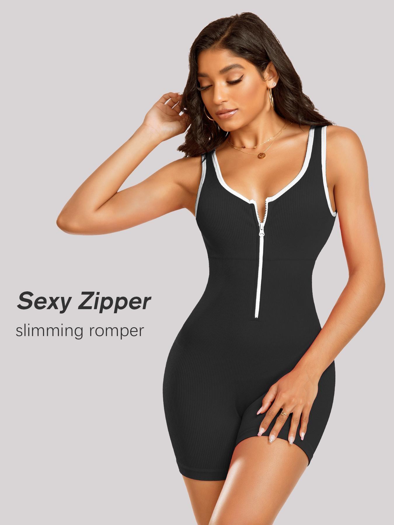 Women's Contrast Binding Zipper Front Zip Up Sports Romper, Sporty Romper, Romper Jumpsuit, Yoga Rompers, Solid Scoop Neck Sleeveless Bodycon Romper for Yoga Gym Workout, Ladies Sportswear for Summer