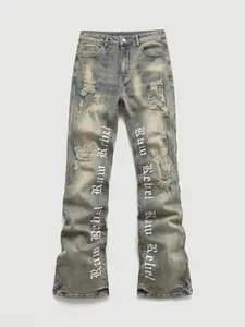 Men's Embroidered Jeans, Micro Flare Denim Jeans, Letter Stitching, Tight Fit, Ripped Bell Bottoms, Classic Washed Y2K Style, All Seasons