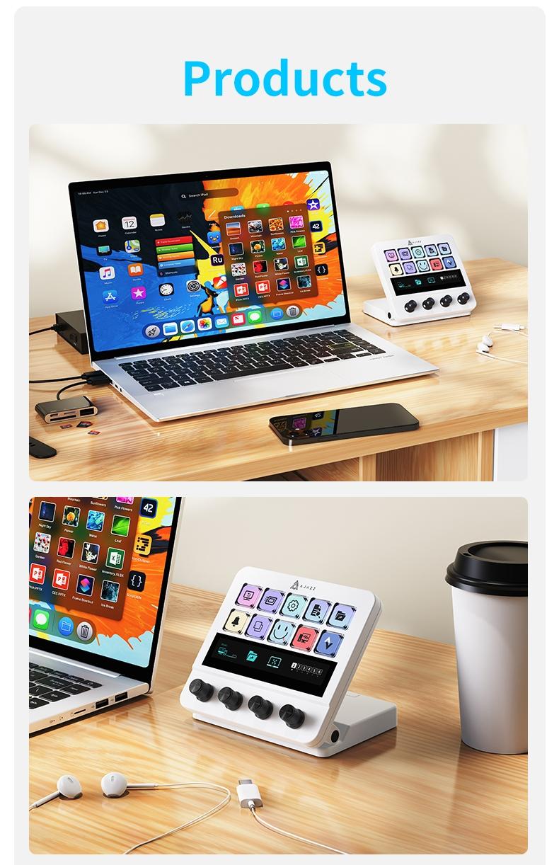 AJAZZ AKP05E Desktop Streaming Controller Programmable LCD Button Multi functional Knob Touch Screen Operation 0-60 ° Adjustable Bracket Compatible with Win/Mac Office Live Streaming Multi scene Application USB Controller