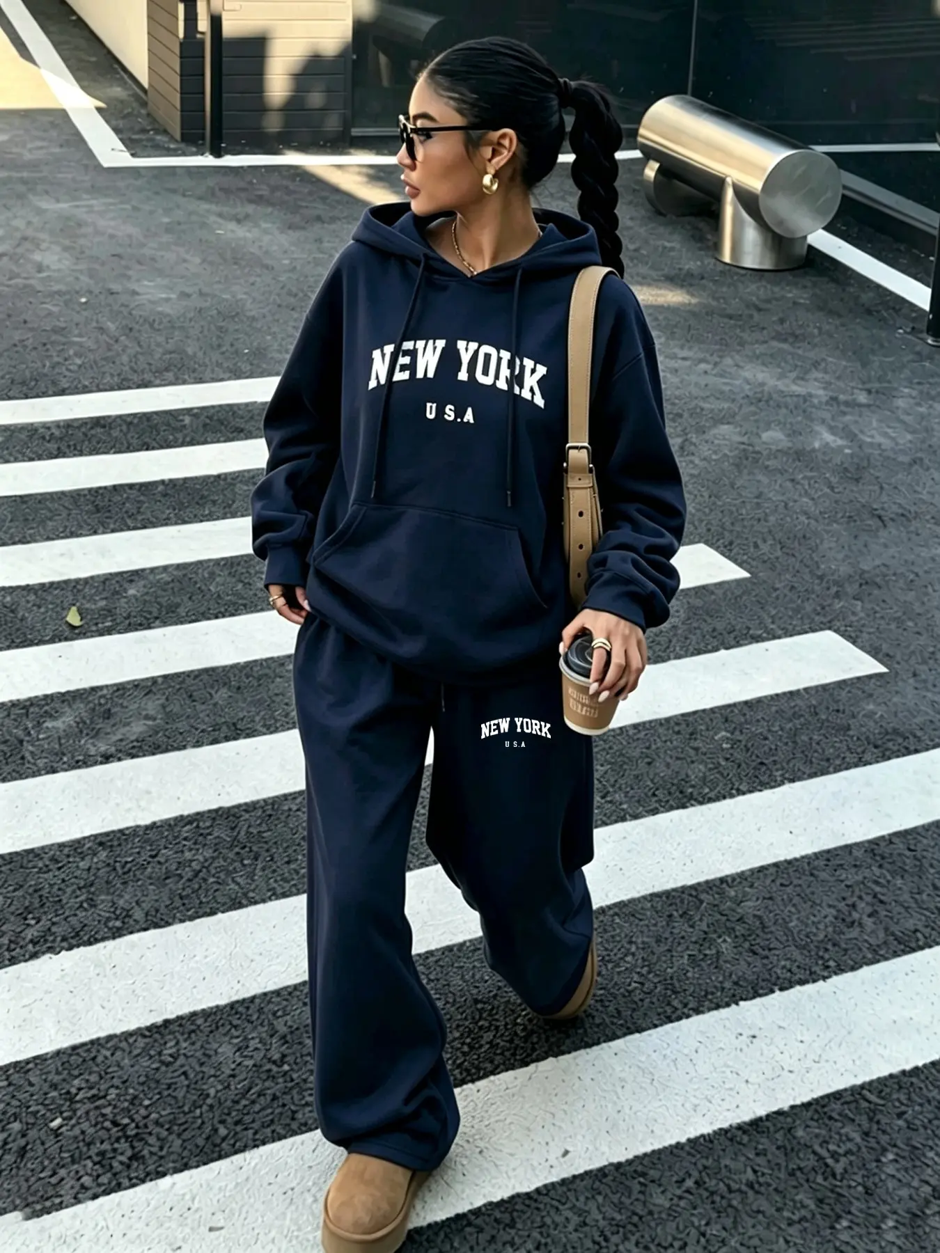 Women's Fall Winter Casual Sports Set, New York Letter Print Hoodie with Drawstring, Loose-Fit Joggers, Soft Comfortable for Daily Wear