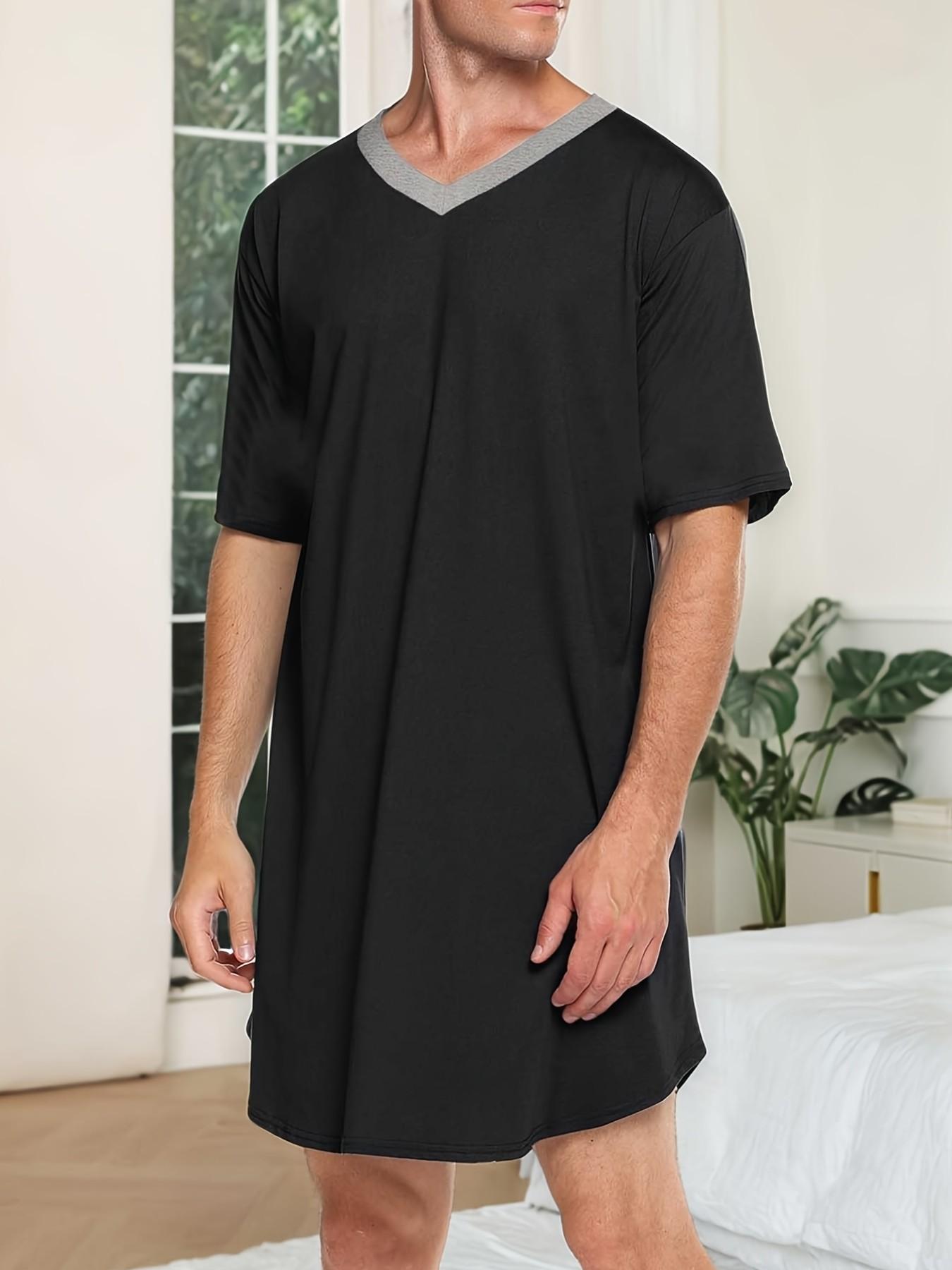 Men's Summer Lightweight Short Sleeve Sleepwear, Casual Loose Fit V-Neck One-Piece Pajamas, Comfortable Home Wear for Men, Night Sleepwear