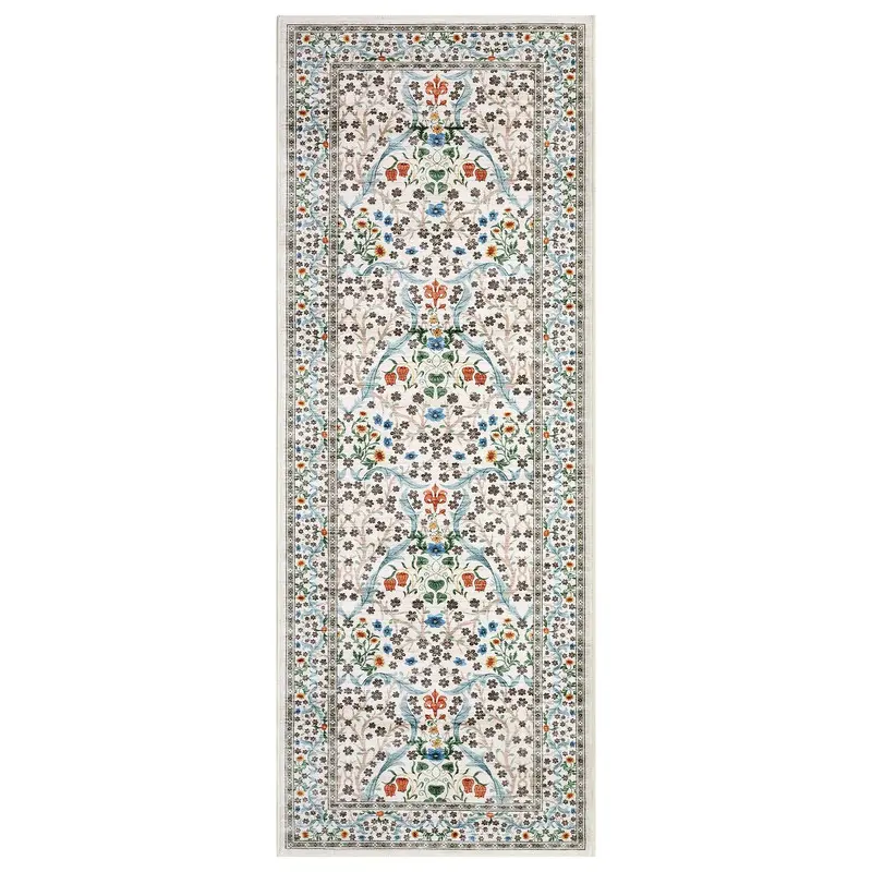 GARVEE Ivy Floral Leaf Print Beige Washable Runner Rug (2x6 ft), Soft Pearl Velvet Low Pile Carpet with Non-Slip TPR Backing, Stain-Resistant Foldable Rug for Hallways, Kitchens, Entryways, Easy Care