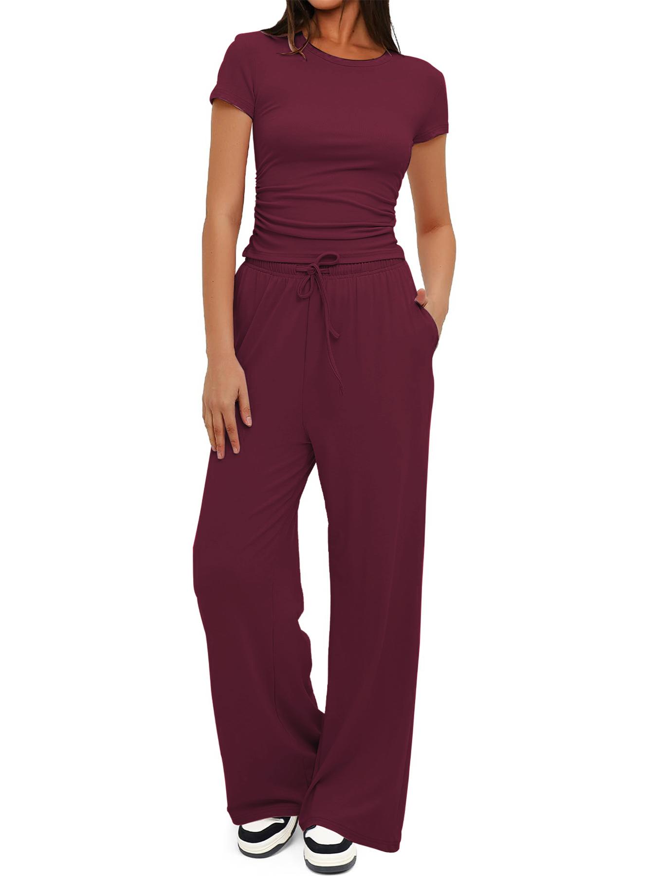 Women's Spring Summer Casual Set, Round Neck Short Sleeve Top & Wide Leg Pants, Slim Fit Home Wear, 2 Piece Comfortable
