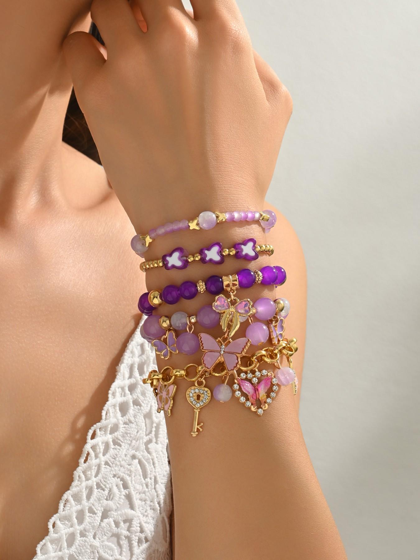 5Pcs Purple Butterfly Beaded Charm Bracelet Stack Set, Multi-Piece Stretchable Layered Bracelets with Gold Tone, Y2K Boho Style, Perfect for Daily Wear, Festival, Beach, Casual & Formal Occasions
