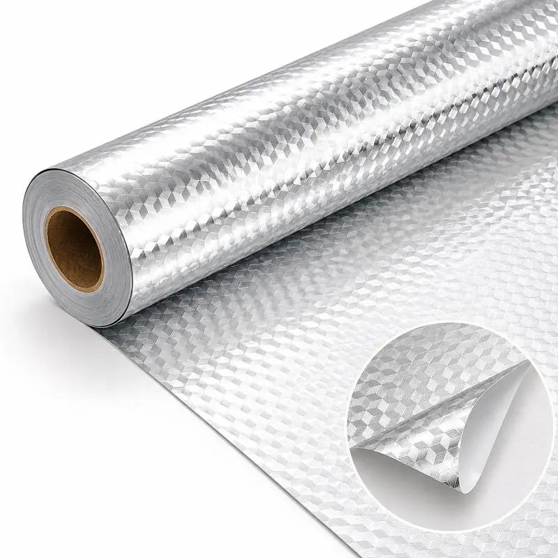 Self-Adhesive Aluminum Foil Kitchen Backsplash Wallpaper, 15.7 x 118 Inch Oil-Proof Waterproof Peel and Stick Countertop Cabinet Drawer Liner, Heat Resistant Easy Clean Silver Contact Paper