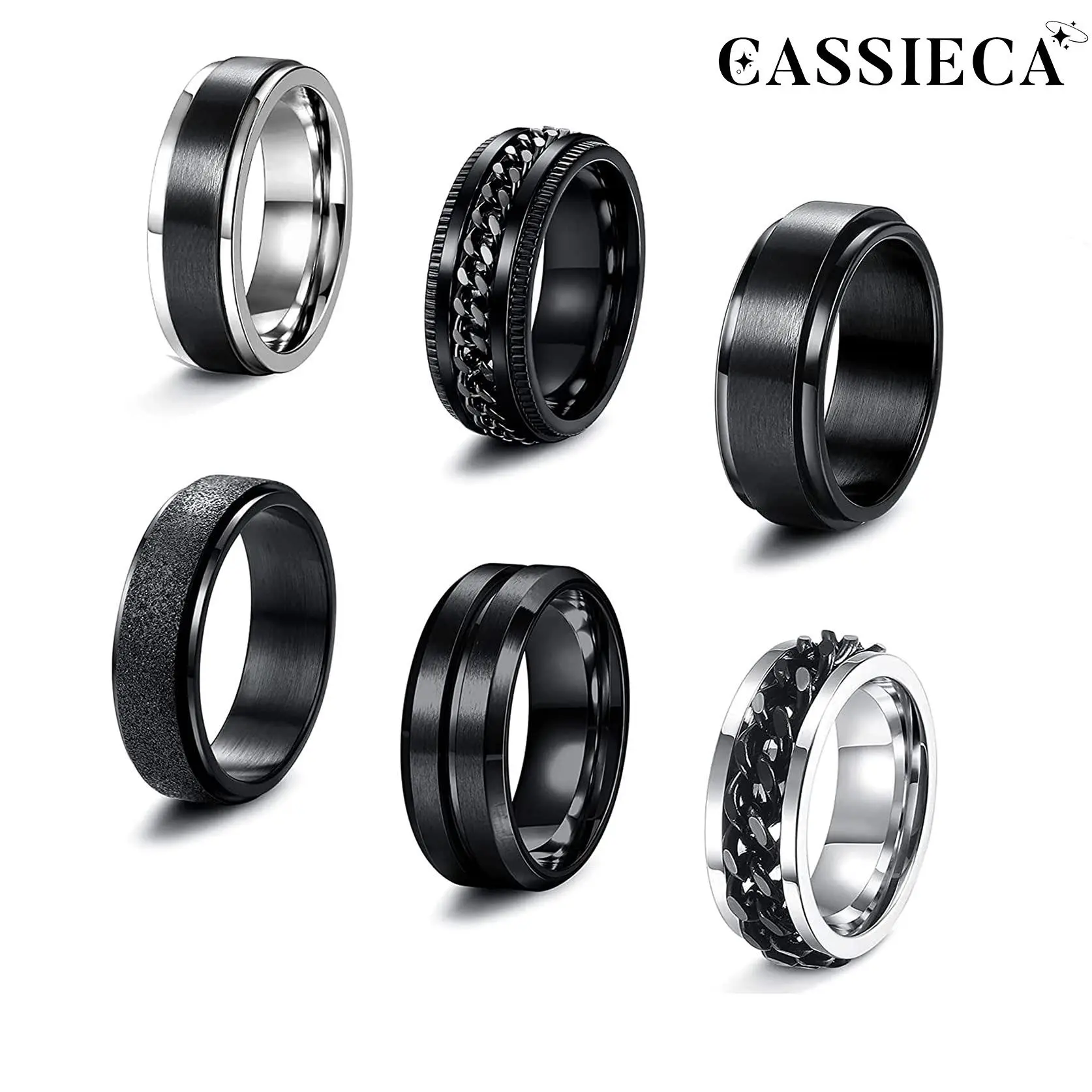 CASSIECA 6PCS Tarnish Proof Stainless Steel Spinner Rings, 6-8MM Black Cool Chain Design, Anxiety Stress Relief Promise Wedding Band, Funky Unique Jewelry Accessories, Men's Accessories, Guys Gifts, Womens Gifts, Sizes 7-13 Sohochic