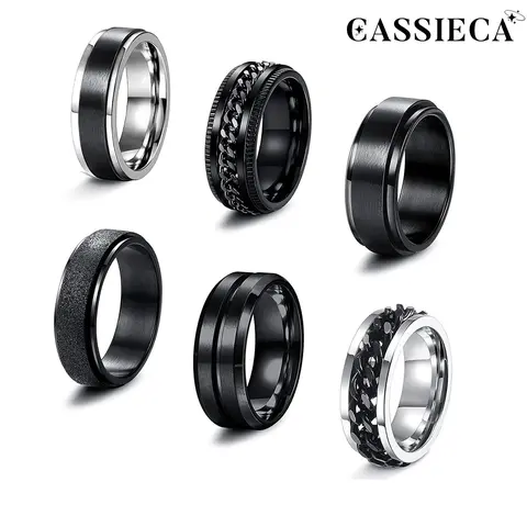 CASSIECA 6PCS Tarnish Proof Stainless Steel Spinner Rings, 6 8MM Black Cool Chain Design, Anxiety Stress Relief Promise Wedding Band, Funky Unique Jewelry Accessories, Men's Accessories, Guys Gifts, Womens Gifts, Sizes 7 13 Sohochic