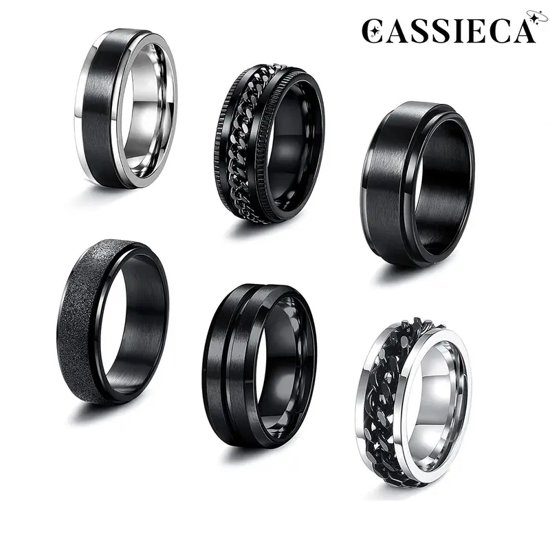 CASSIECA 6PCS Tarnish Proof Stainless Steel Spinner Rings, 6 8MM Black Cool Chain Design, Anxiety Stress Relief Promise Wedding Band, Funky Unique Jewelry Accessories, Men's Accessories, Guys Gifts, Womens Gifts, Sizes 7 13 Sohochic