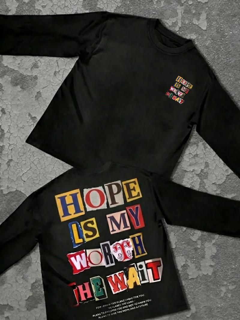 Unisex Letter Print Long Sleeve T-Shirt, Casual Fashion Comfortable Simple Design, Fitted Pure Color Tee for All Seasons