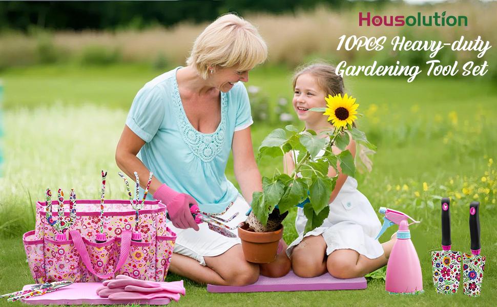 Gardening Tools Set, 10 PCS Stainless Steel Heavy-Duty with Non-slip Soft Rubber Handle with Large Garden Bag, Floral Pattern Gardening Tool Set Gifts for Women Birthday Mother's Day, Pink