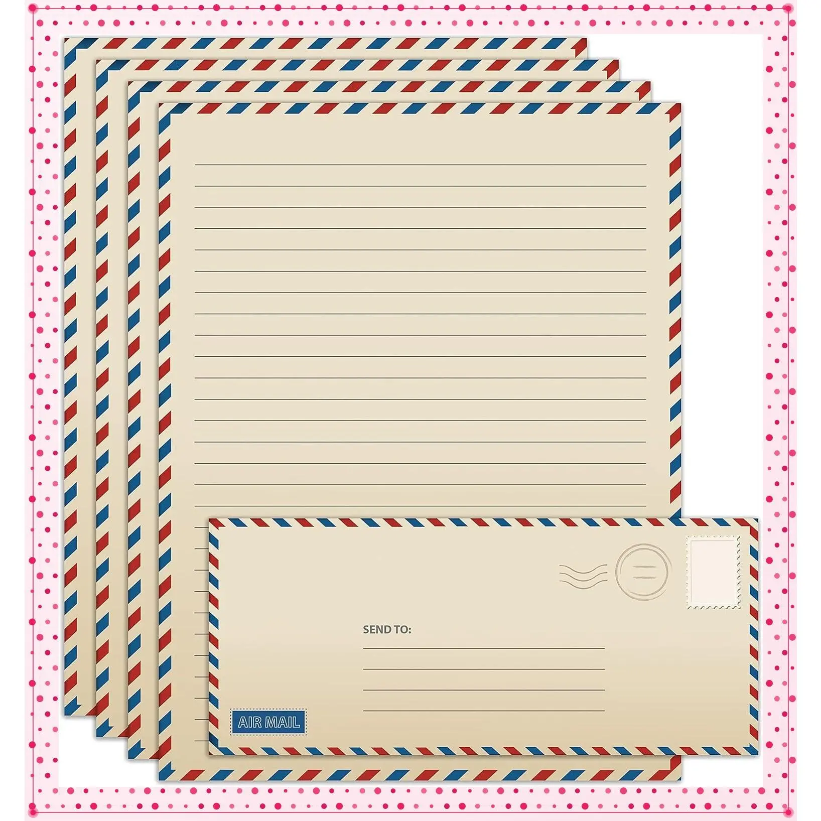 Vintage Airmail Stationery Paper Set - 100 Pieces (50 Lined Sheets + 50 Matching Envelopes), Letter Size 8.5 x 11 inch, Double-Sided Lined PaperGift