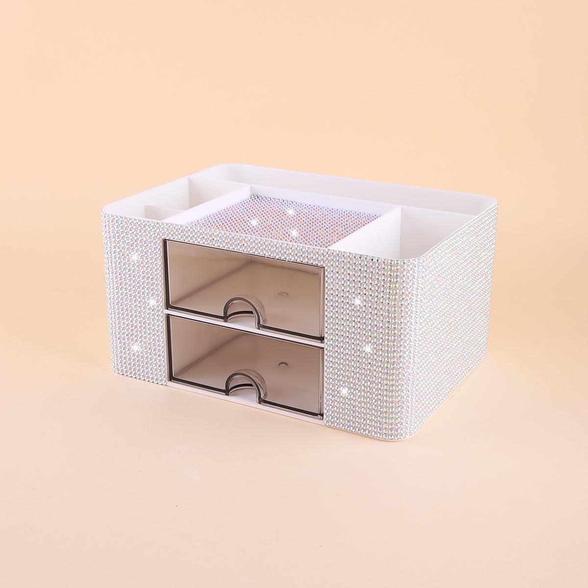Diamond Embellished Storage Box with Drawer, Multi-Compartment Design, Makeup Brush Organizer, Cosmetic Holder, Bedroom Vanity Tray