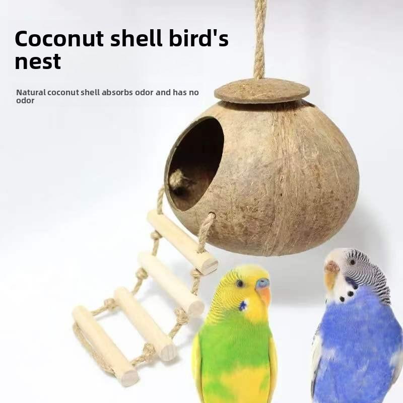 Coconut Shell Grass Woven Bird Nest for Parakeet Parrot Lovebird Finch Breeding Outdoor Natural Material Pet Nest Supplies