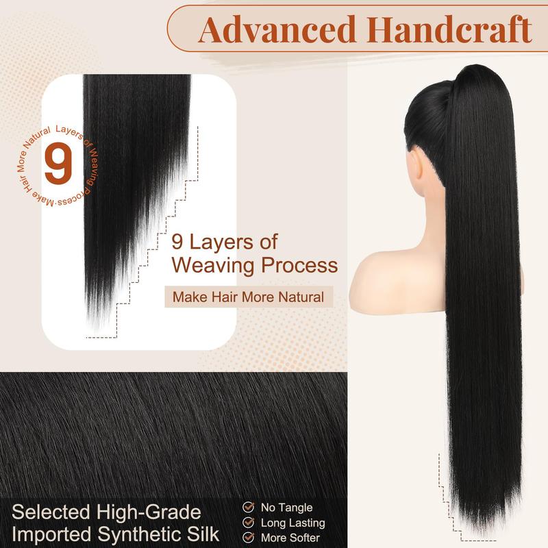[KooKaStyle]Long Straight 32-Inch Drawstring Ponytail Extension - Natural Soft Synthetic Hairpiece, Clip-In, Heat-Resistant, Black Fake Pony Tail for Women