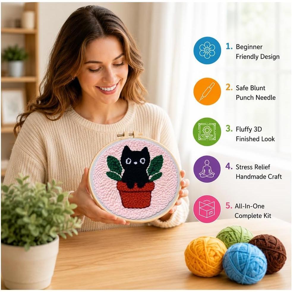 Beginner-Adult Punch Crafting Kit, Synthetic Fabric, Embroidery Hoop, Video Guide, Complete DIY Needlework Set for Relaxing Hobby Ideas