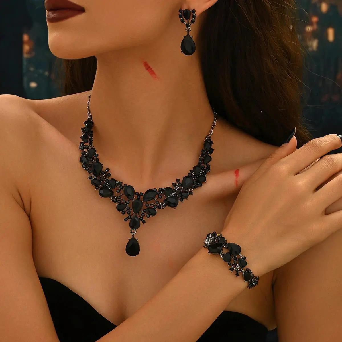 Black Obsidian Gemstone Jewelry Set for Women – Necklace Bracelet Earrings Fashion Statement Jewelry for Party Evening