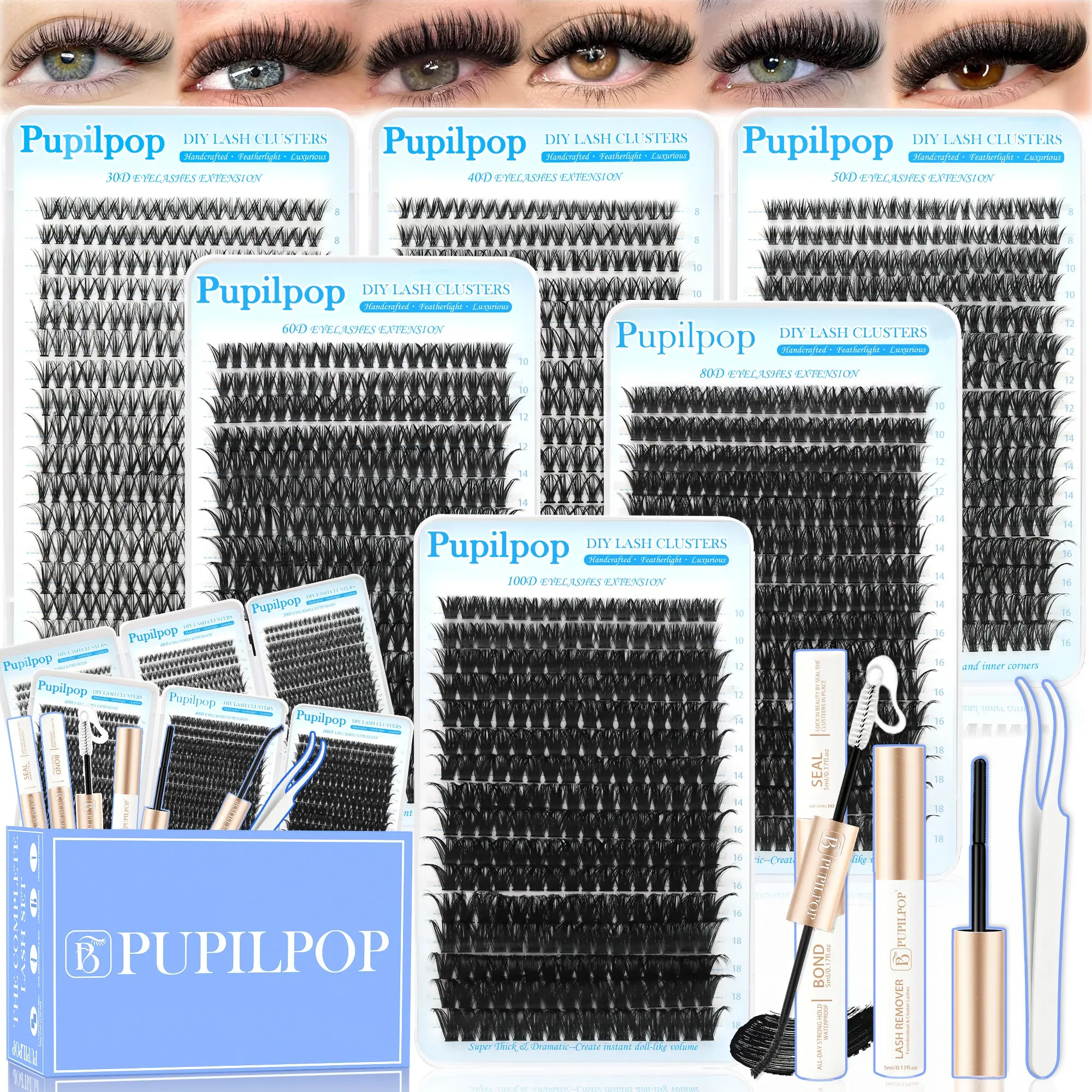 PUPILPOP DIY Lash Clusters Kit 1856Pcs D Curl Individual Cluster Lashes, 30D 40D 50D 60D 80D 100D Mixed Volume 8-18mm, Lash Bond & Seal, Remover & Tweezers Included, Fluffy Wispy At Home Lash Extensions, Salon Look for Halloween Party Daily Makeup