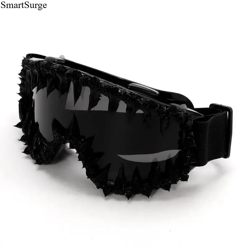 Gothic Spiked Eye Goggles with Dark Oversized Lenses, Black Frames, Adjustable Elastic Strap - Sports Eyewear Accessories for Halloween, Photo Shoots, Punk Costumes