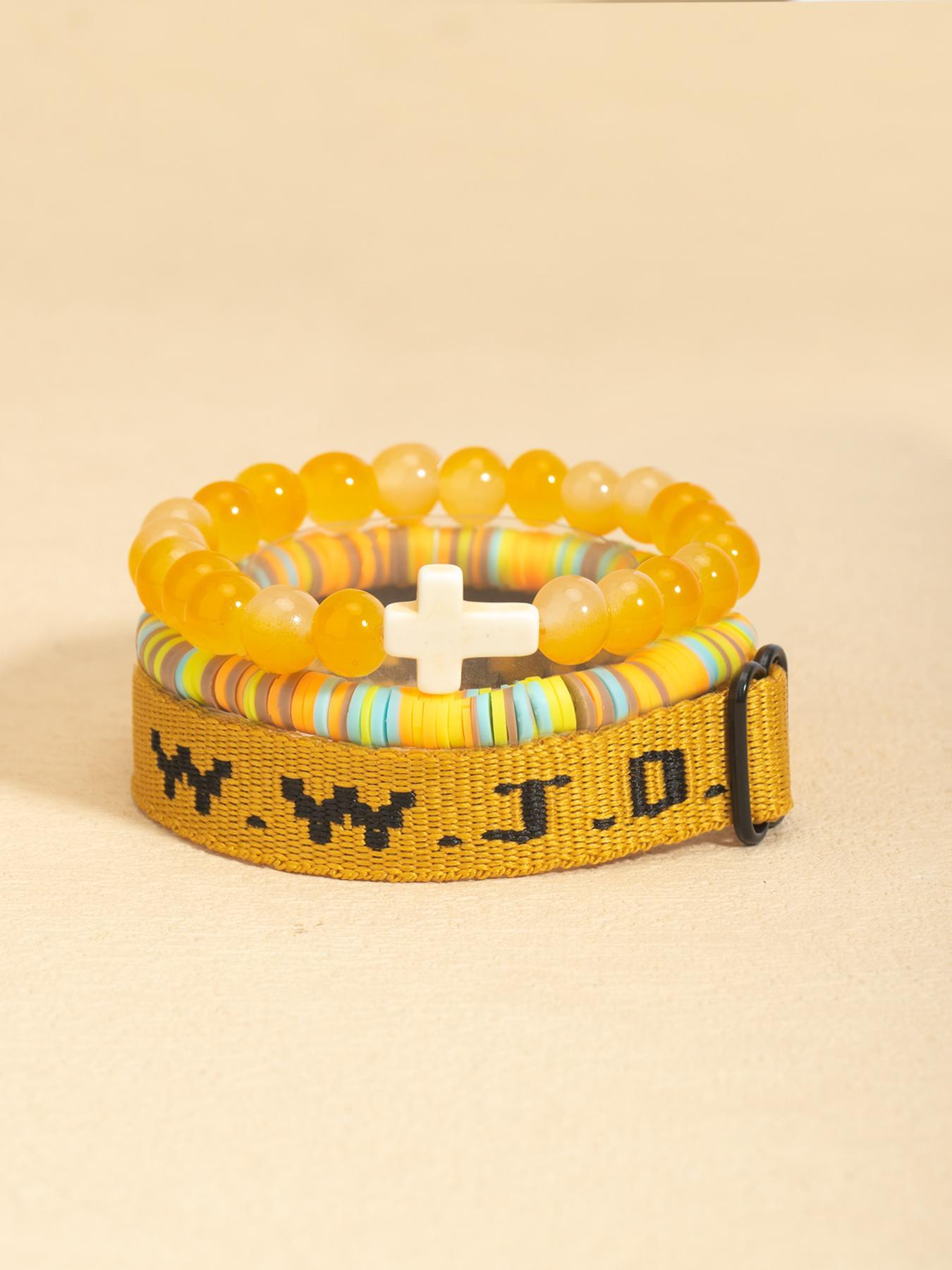 WWJD Beaded Bracelet, Fashionable Cross Charm Decor Bracelet for Women & Men, Trendy All-match & Exquisite Jewelry for Birthday Gift