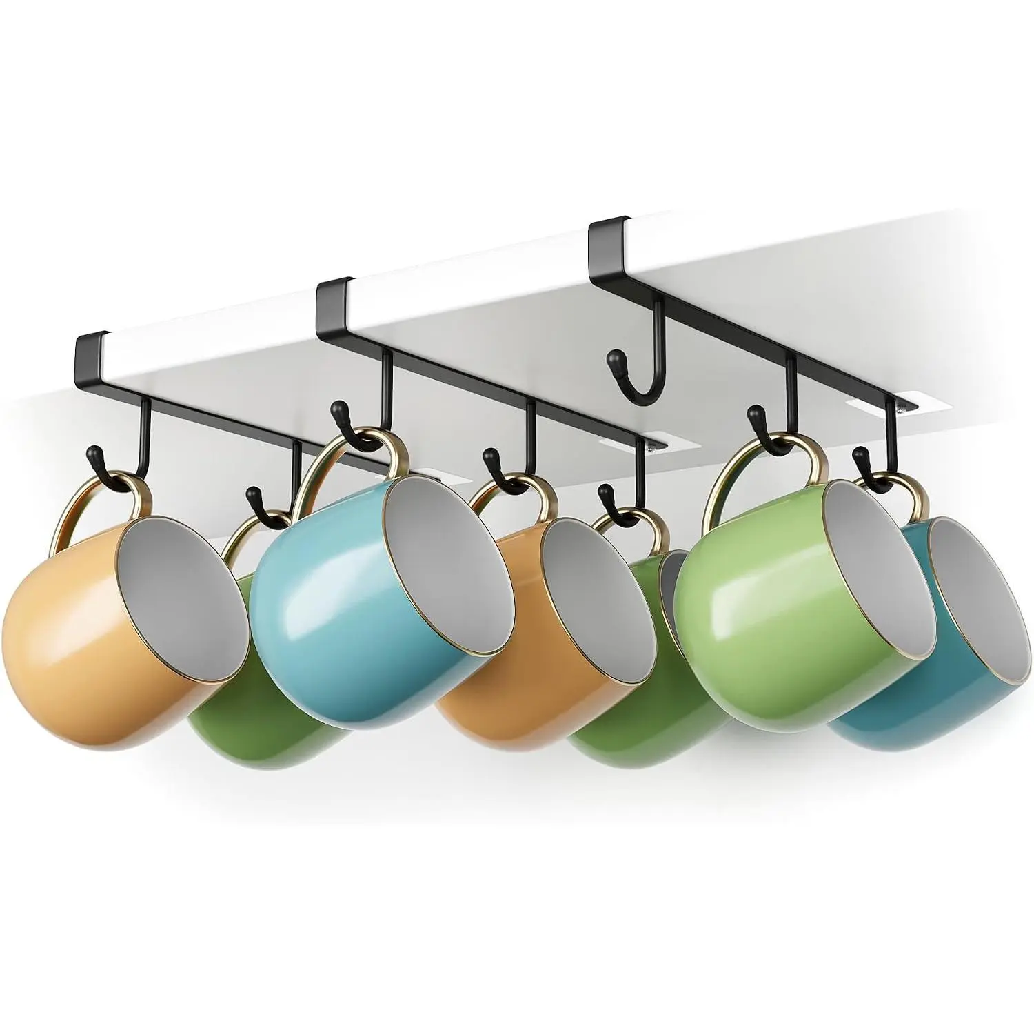 Clip-On Coffee Mug Holder (Pack of 3) for Kitchen Storage, Under-Cabinet Organiser with Clip-On Mount for Cup Holding, No Drilling Damage-Free, Fits Shelves Up to 3/4" Thick