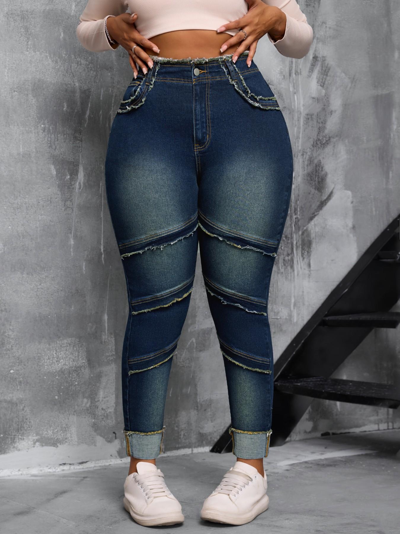 【Plus Size】 Raw Hem High Waist Dark Wash Stretchy Denim Jeans, Basic Comfy Slim-fitting Outfits Women's Bottoms for Summer 【Plus Size】 Raw Hem High Waist Dark Wash Stretchy Denim Jeans, Basic Comfy Slim-fitting Outfits Women's Bottoms for Summer