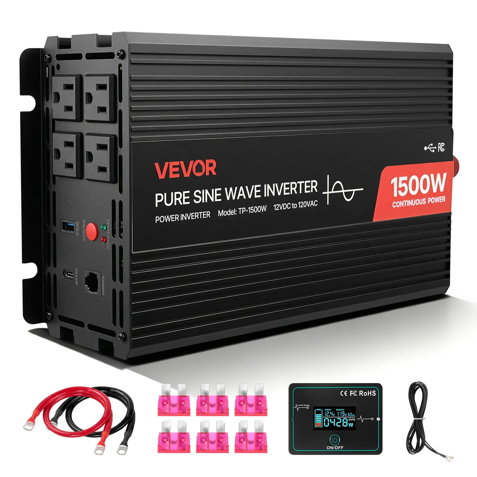 VEVOR 1500W Power Inverter, 12V DC to 120V AC Pure Sine Wave Inverter, Car Charger Converter with Remote Control, USB Type-C Ports, 4 AC Outlets, Fast-charging for RV, Truck Outdoor Camping