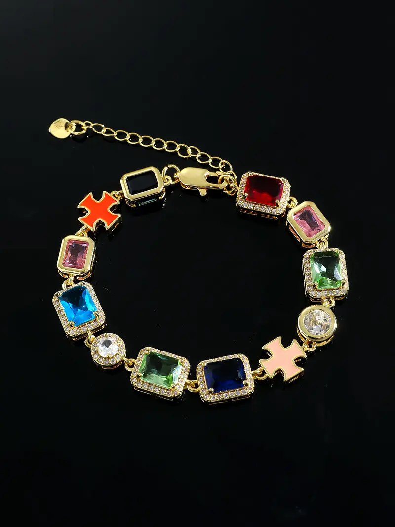 2 Piece/Set European & American Hip‑hop Colorful Square Cubic Zirconia ...