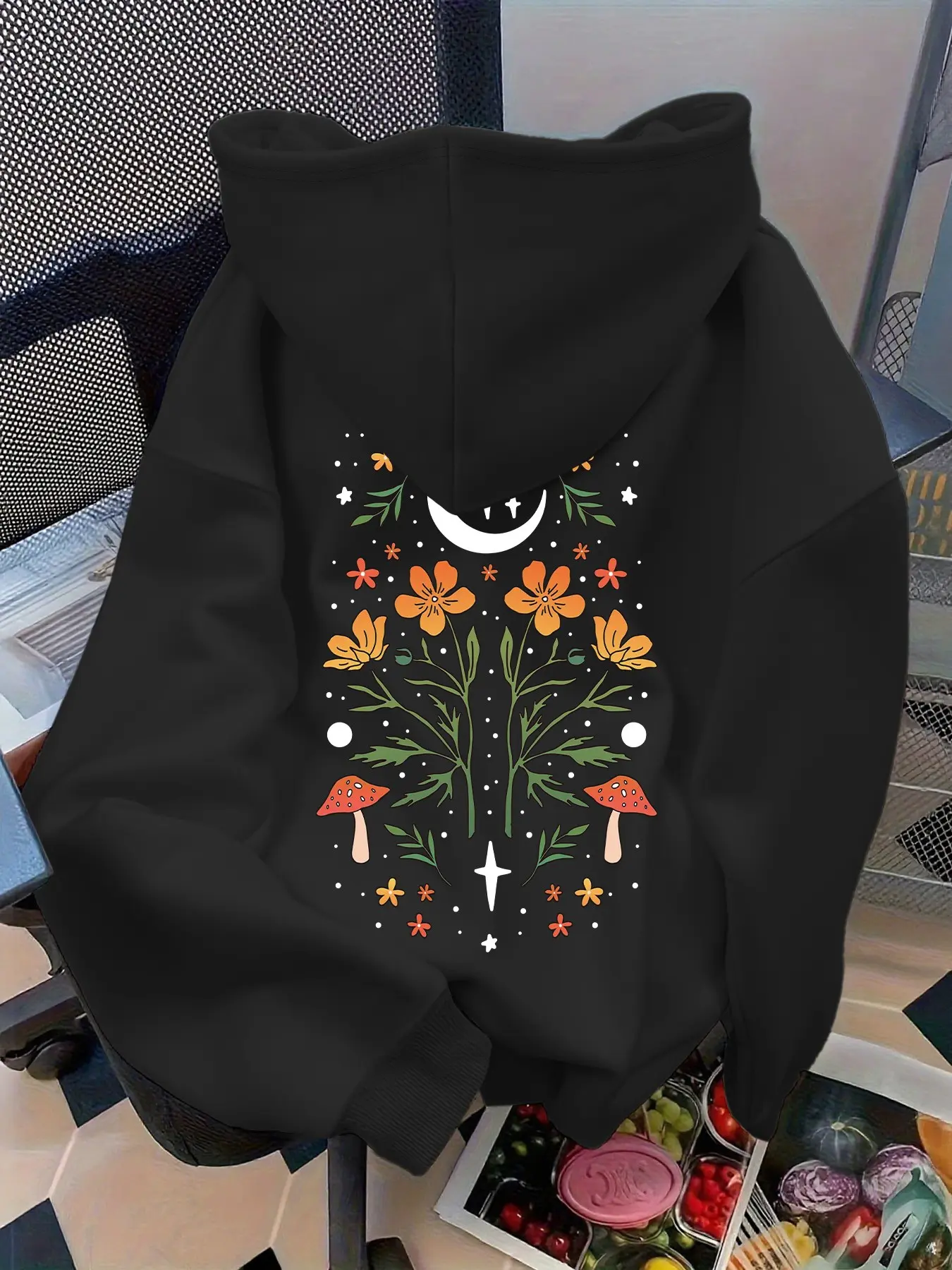 Cottagecore Moon Wildflower Mushroom Dual Print Women Hoodie, Witchy Star Graphic Oversized Hooded Sweatshirt, Vintage Fall Aesthetic Streetwear Pullover.
