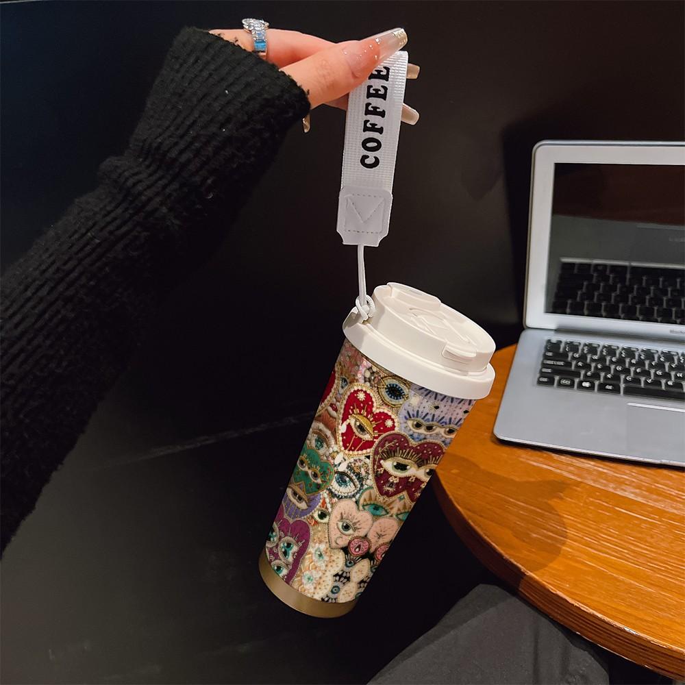 Abstract Heart Crown Eye Texture Coffee Cup, Portable Dual Drink Insulated Tumbler, Keeps Hot/cold, Boho Style, Office Travel Essential